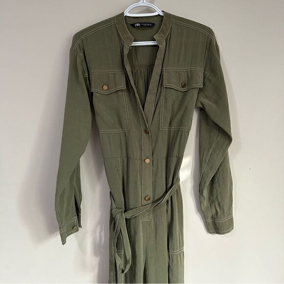 Zara Green Long Sleeves Belted Jumpsuit - Picture 5 of 15
